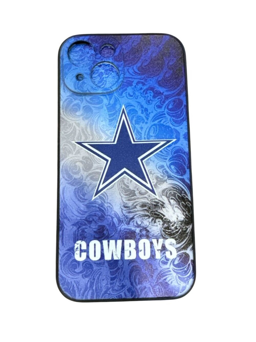 Cowboys-Themed iPhone 15 Case With Star Logo & Blue Swirl Design - Durable & Fle